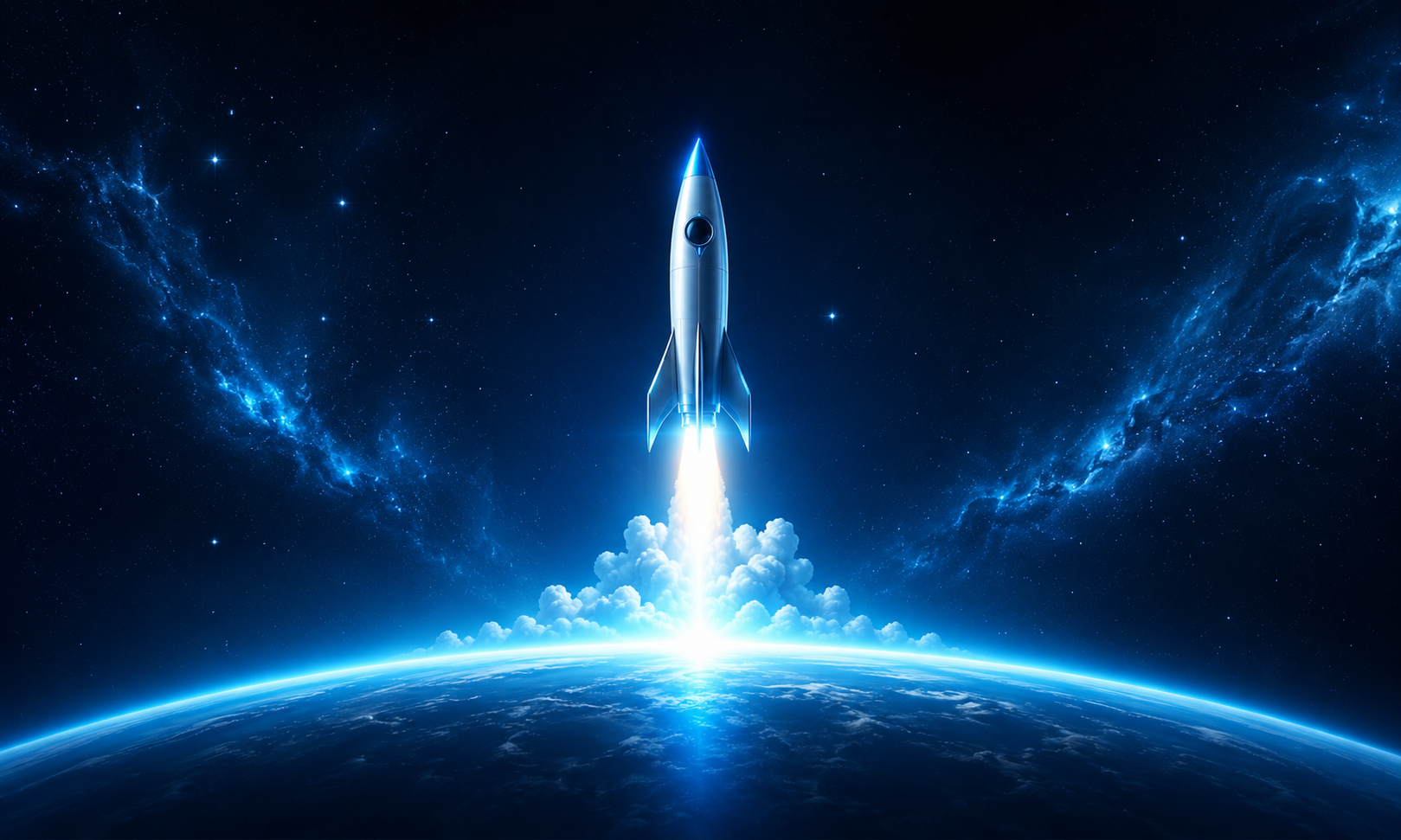 Blue rocket taking off over a glowing planet for the Launch tier